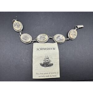 Vintage Verna Signed Sterling Silver 925 and Ivory Scrimshaw Panel Bracelet 6.5"